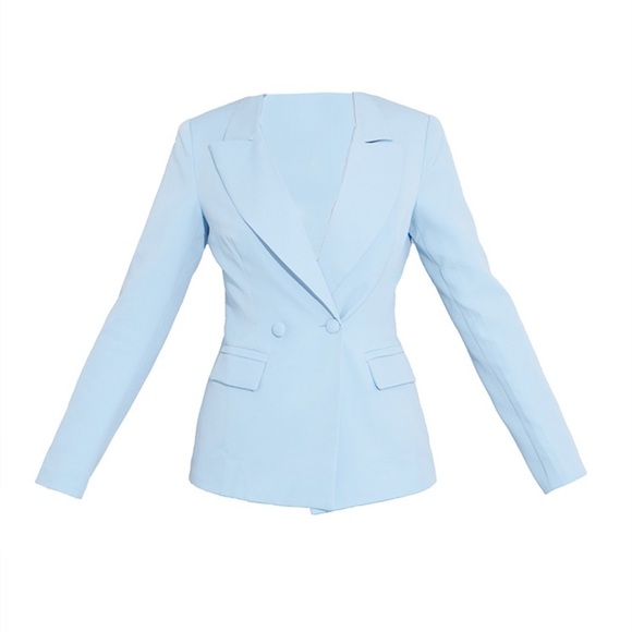 PrettyLittleThing Light Blue Woven Pocket Detail Double Breasted Blazer - Picture 2 of 9